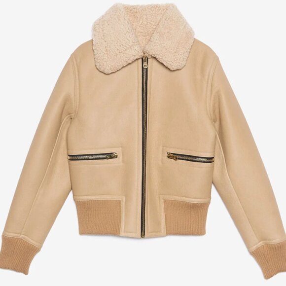 Sandro Cerone Shearling Bomber Aviator Leather Jacket Size S Beige Tan Designer - Picture 15 of 15